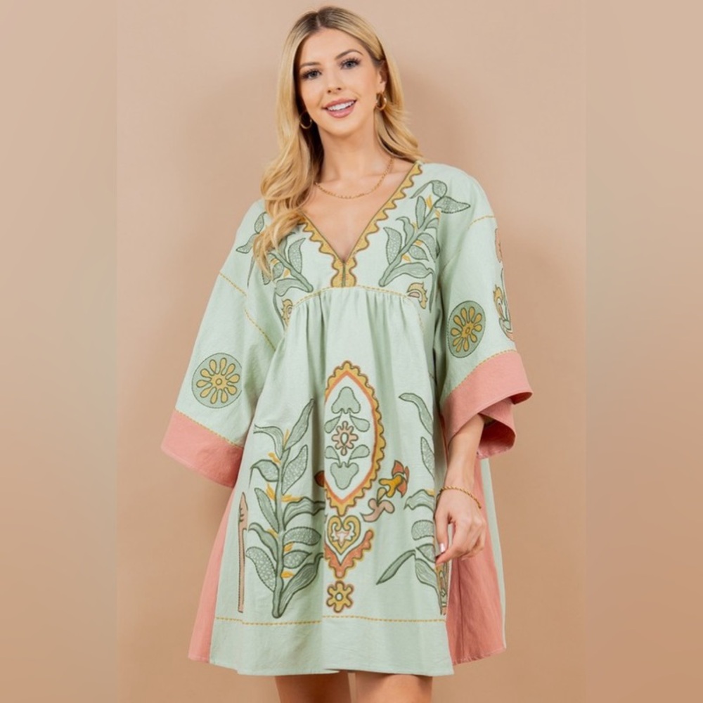 128. Floral Embroidered Green and Pink Dress